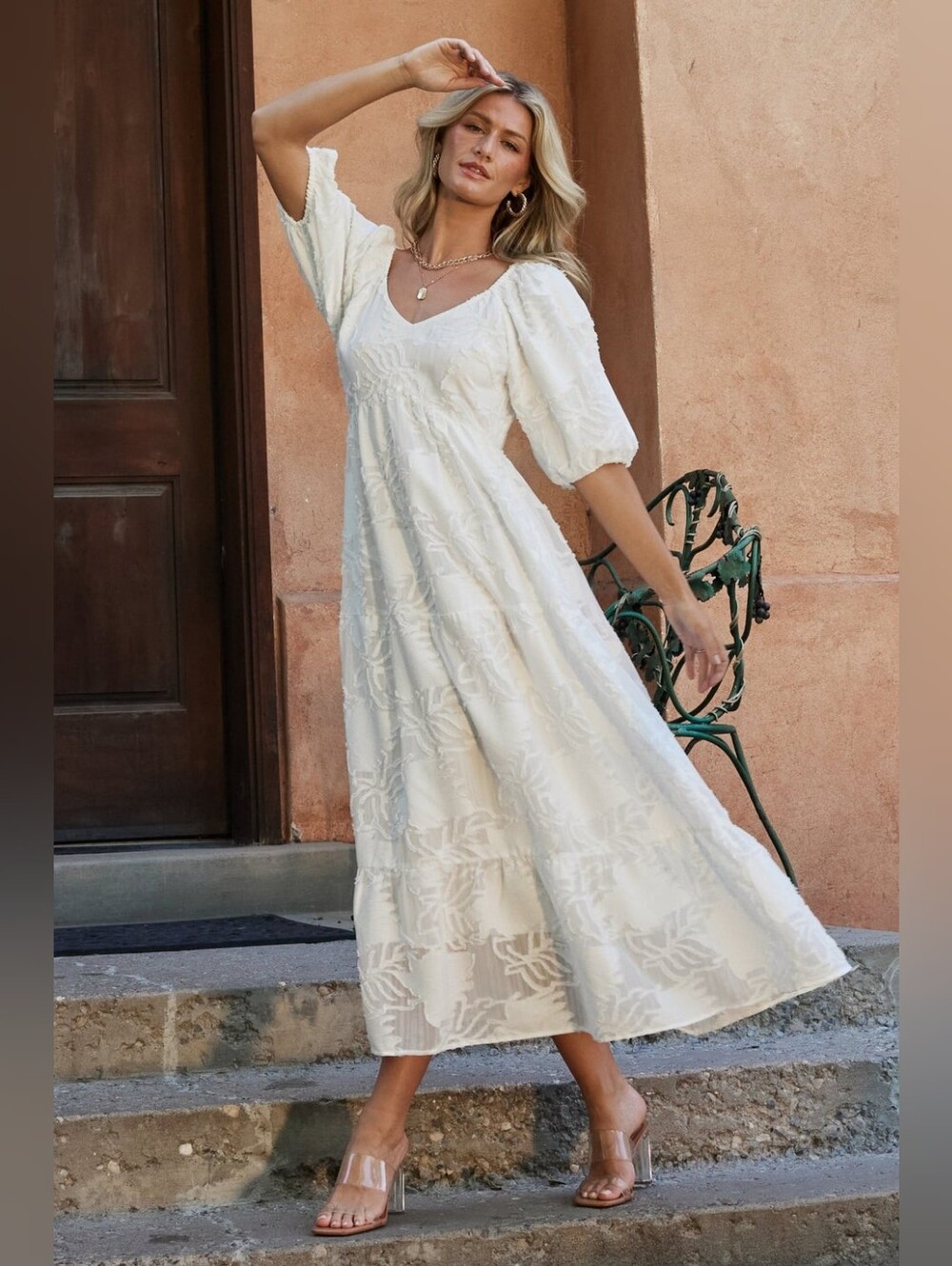 Baltic Born Hayward White Maxi Dress Tiered Puff Sleeve Boho Bridal Babyshower